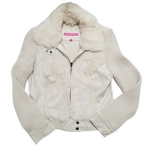 Jennyfer J‎ 100% Rabbit Fur Jacket Womens Large Cream Knit Zip Vintage MSRP $300